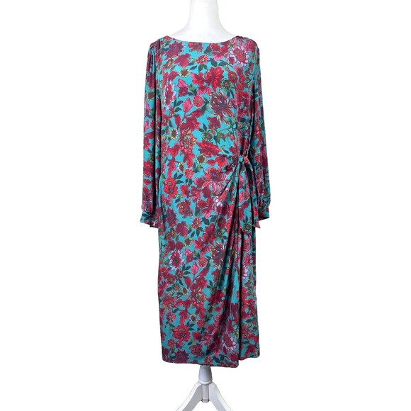 Talbots Midi Dress 14 Floral Jewel Tone Teal Red Faux Wrap Side Tie Long Sleeve - Picture 3 of 16
